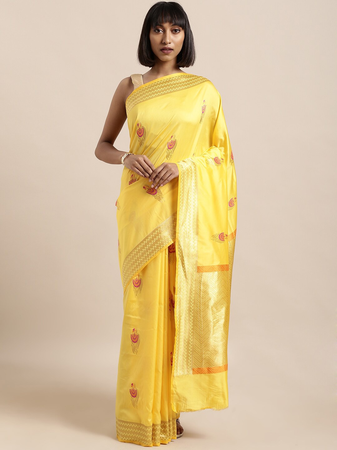 

Shaily Yellow Ethnic Motifs Woven Design Zari Saree