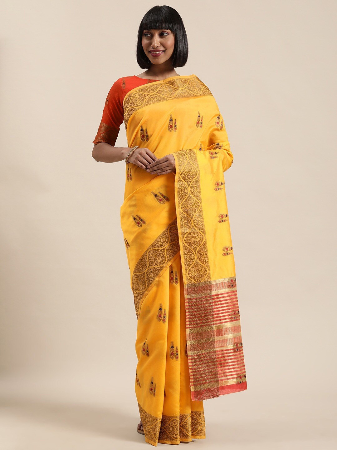 

Shaily Mustard Yellow Ethnic Motifs Woven Design Zari Saree