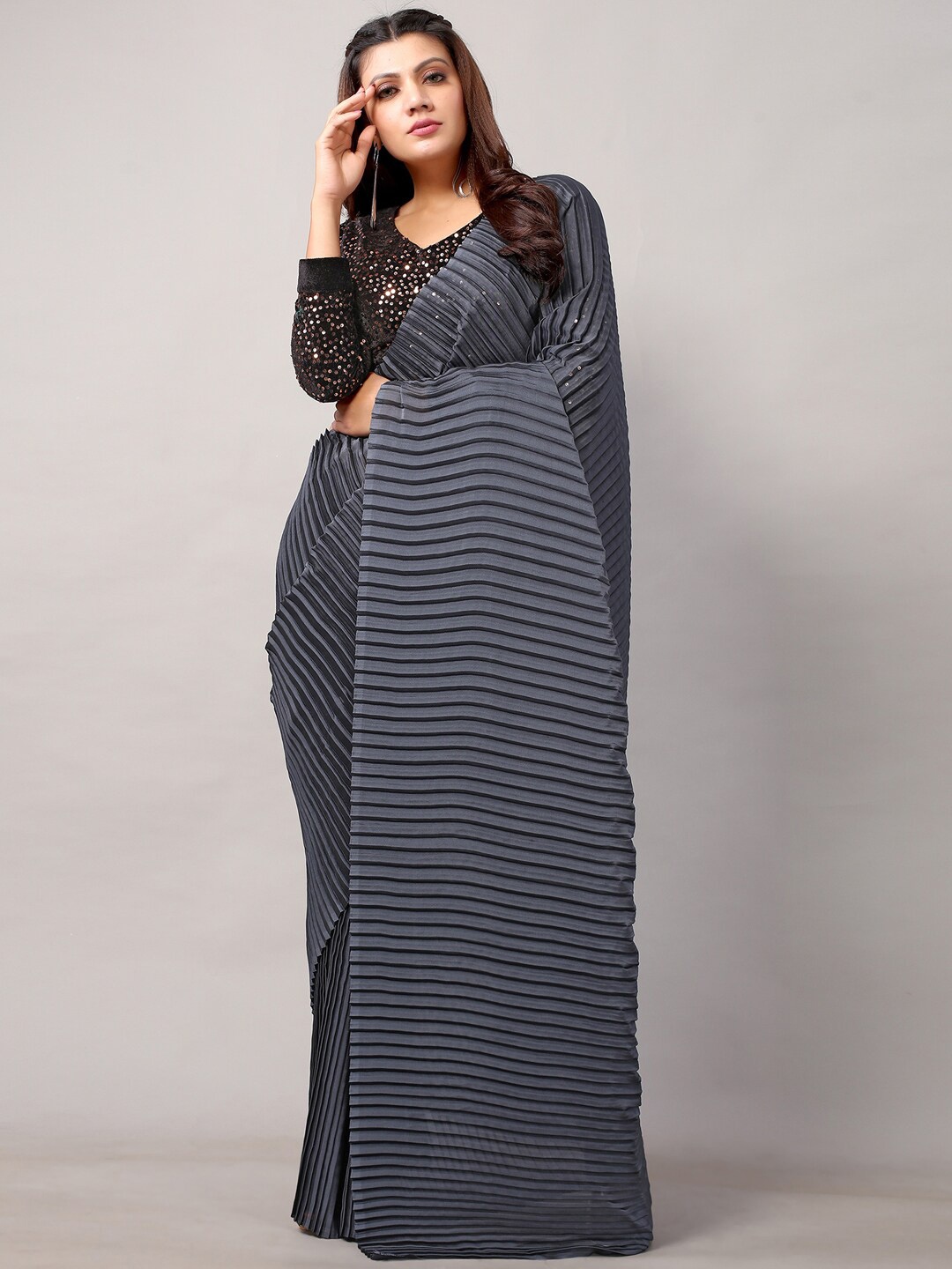 

Shaily Striped Sequinned Jute Silk Saree, Grey