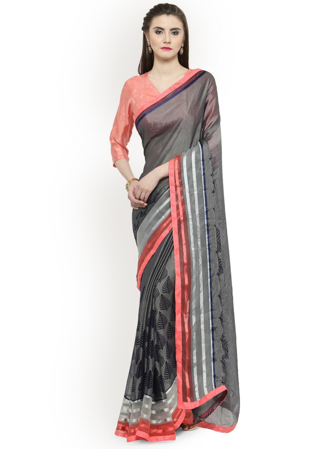 

Shaily Striped Printed Brasso Saree, Grey