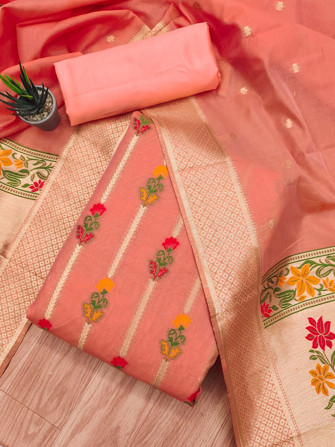 

LeeliPeeri Designer Floral Woven Design Unstitched Dress Material, Peach