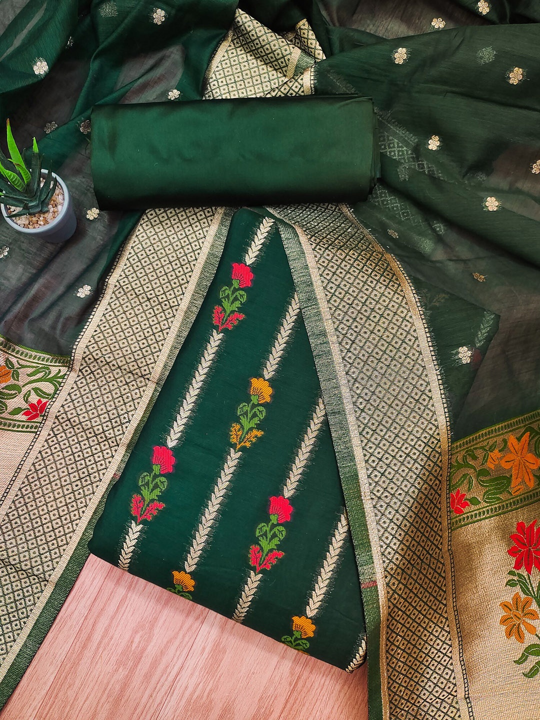 

LeeliPeeri Designer Floral Woven Design Unstitched Dress Material, Green