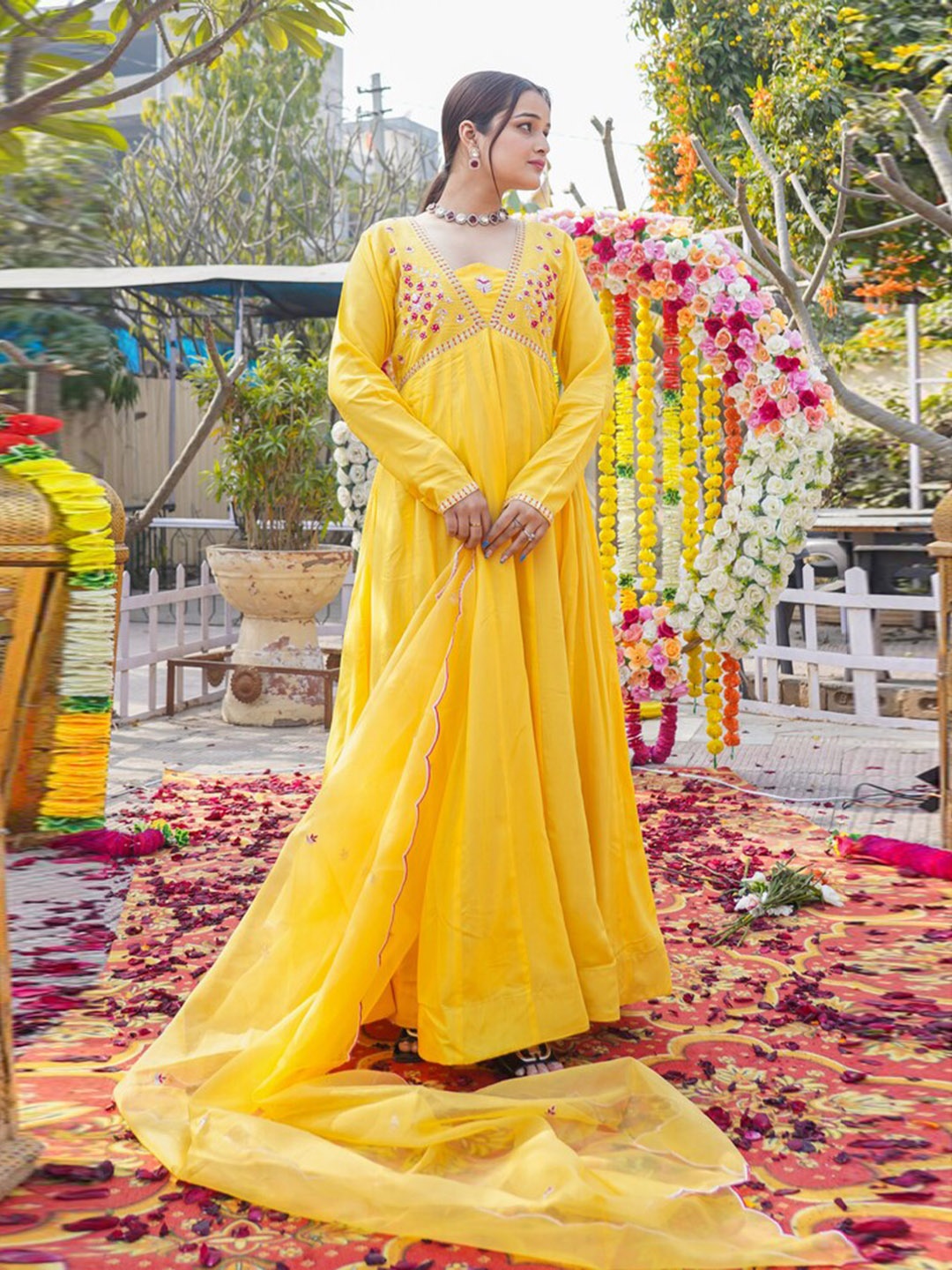 

Rangeelo Embroidered Silk A Line Maxi Dress With Dupatta, Yellow