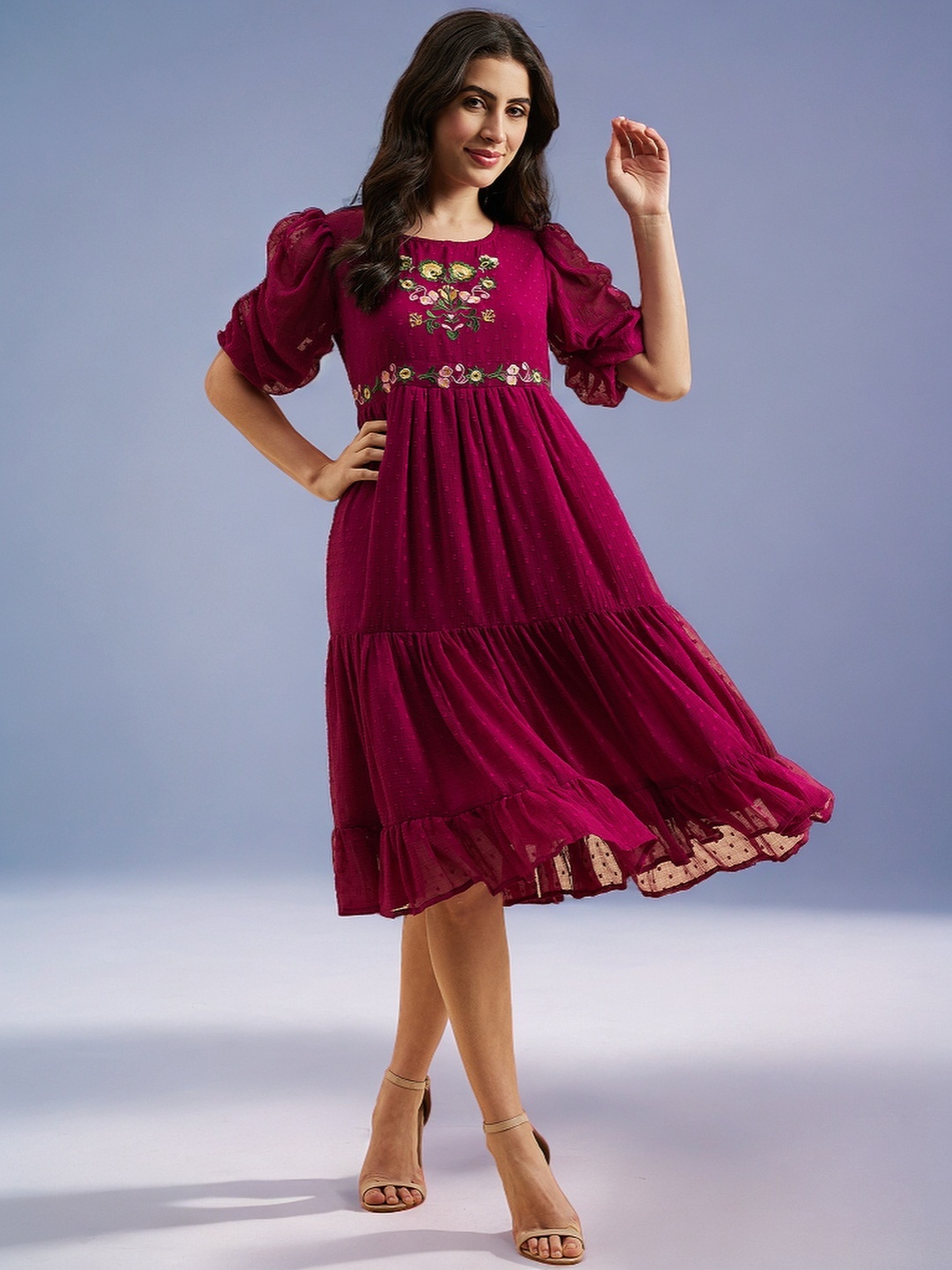 

Azira Floral Embroidered Round Neck Short Puff Sleeves Georgette Fit & Flare Tiered Dress, Magenta