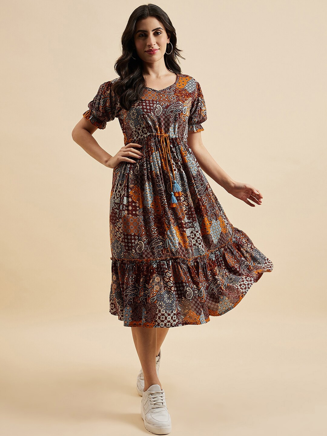 

Azira Ethnic Motif Print Round Neck Short Puff Sleeve A-Line Midi Tiered Dress, Brown