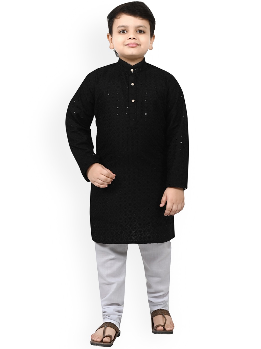 

BAESD Boys Ethnic Motifs Embroidered Mirror Work Regular Mandarin Collar Kurta with Pyjama, Black