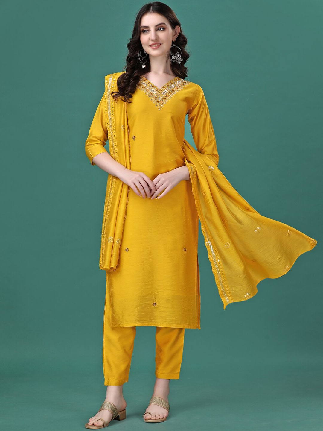 

Berrylicious Floral Embroidered Beads and Stones Chanderi Cotton Kurta Set, Mustard