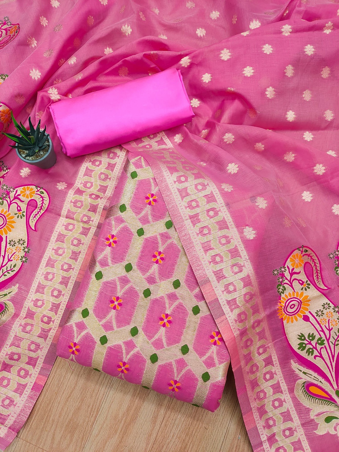 

LeeliPeeri Designer Floral Woven Design Zari Unstitched Dress Material, Pink