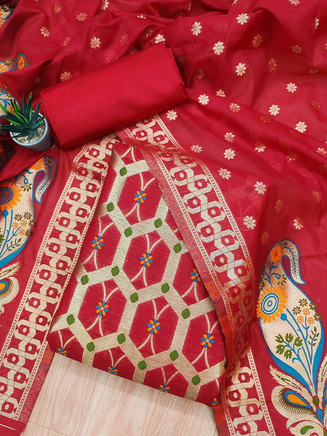 

LeeliPeeri Designer Ethnic Motifs Woven Design Zari Unstitched Dress Material, Red