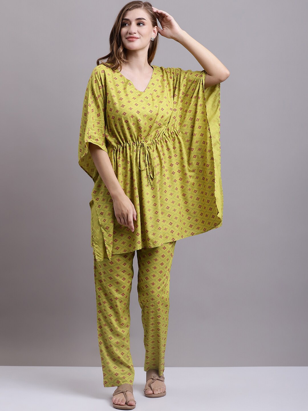 

Dressitude Ethnic Motifs Printed Kaftan Sleeves Top With Trousers Co-Ords, Yellow