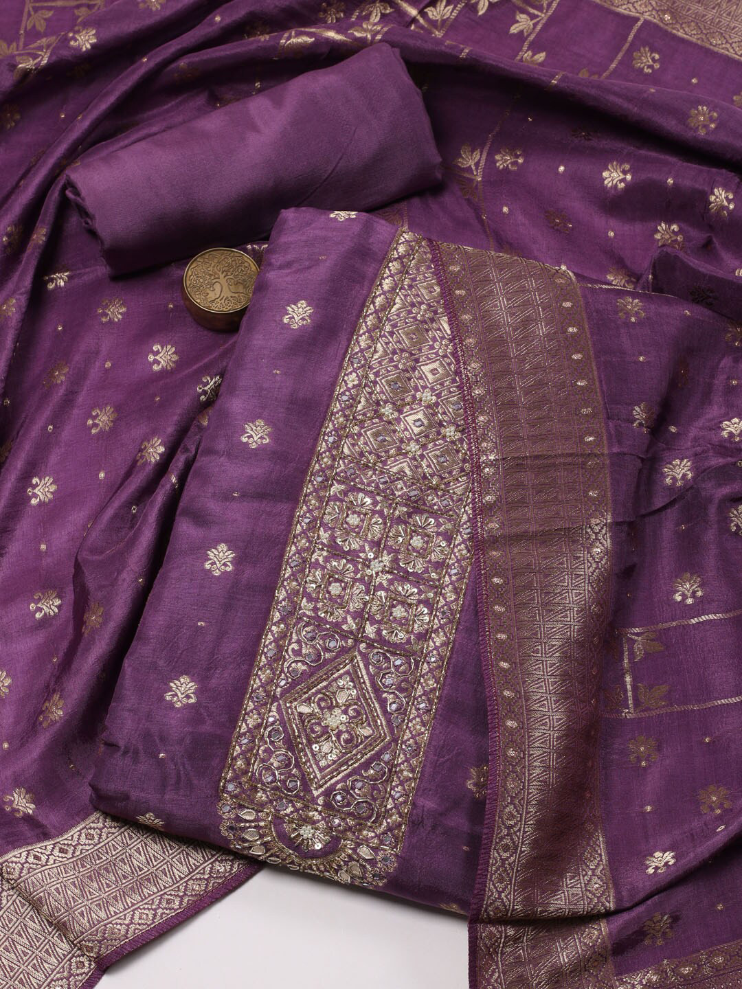 

Meena Bazaar Ethnic Motifs Woven Design Unstitched Dress Material, Purple