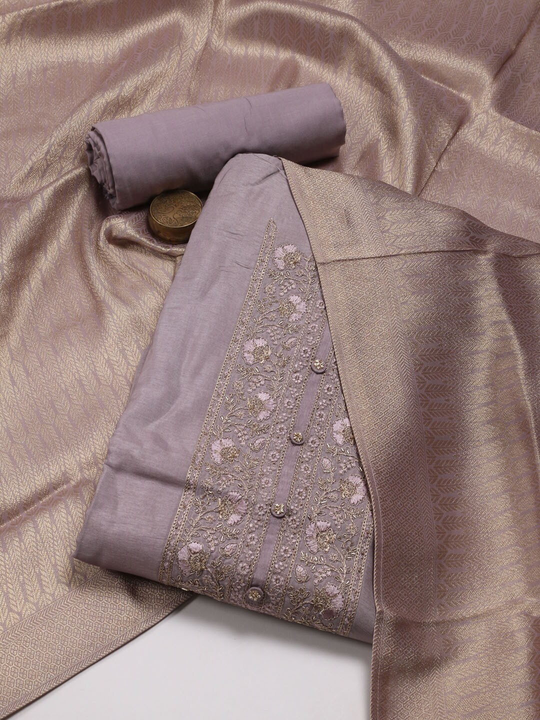 

Meena Bazaar Floral Embroidered Beads and Stones Unstitched Dress Material, Purple