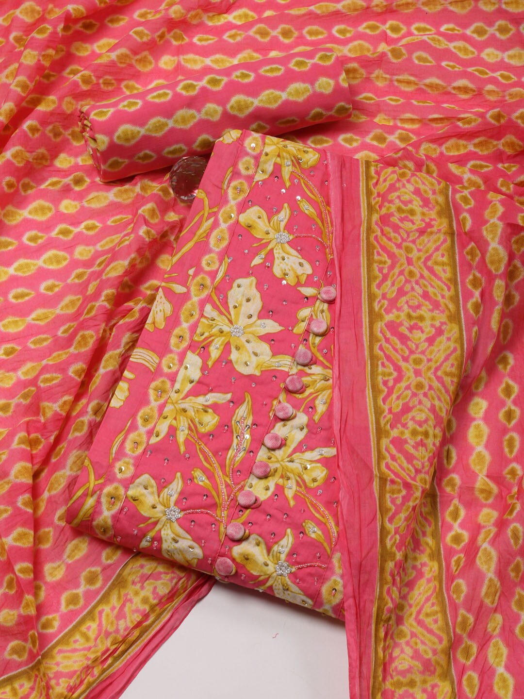 

Meena Bazaar Floral Printed Sequinned Unstitched Dress Material, Pink