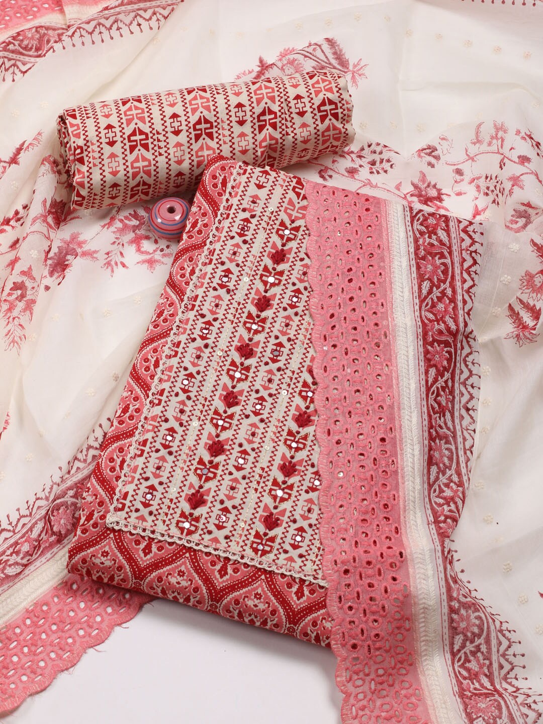 

Meena Bazaar Floral Printed Mirror Work Unstitched Dress Material, Pink