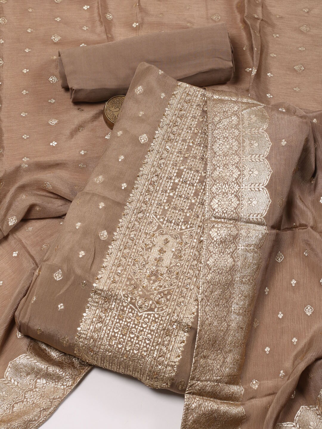 

Meena Bazaar Ethnic Motifs Woven Design Unstitched Dress Material, Brown
