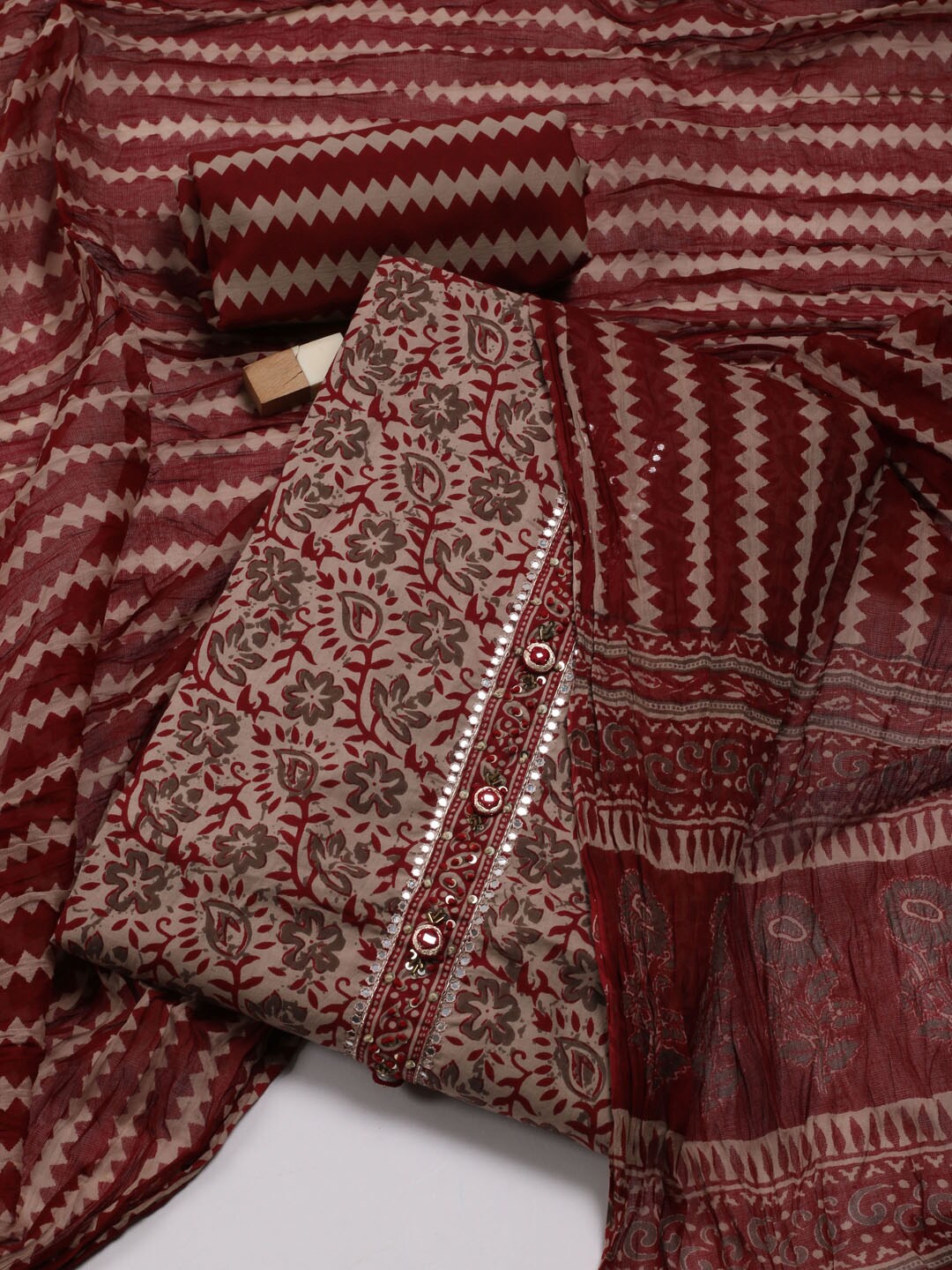 

Meena Bazaar Floral Printed Mirror Work Unstitched Dress Material, Beige