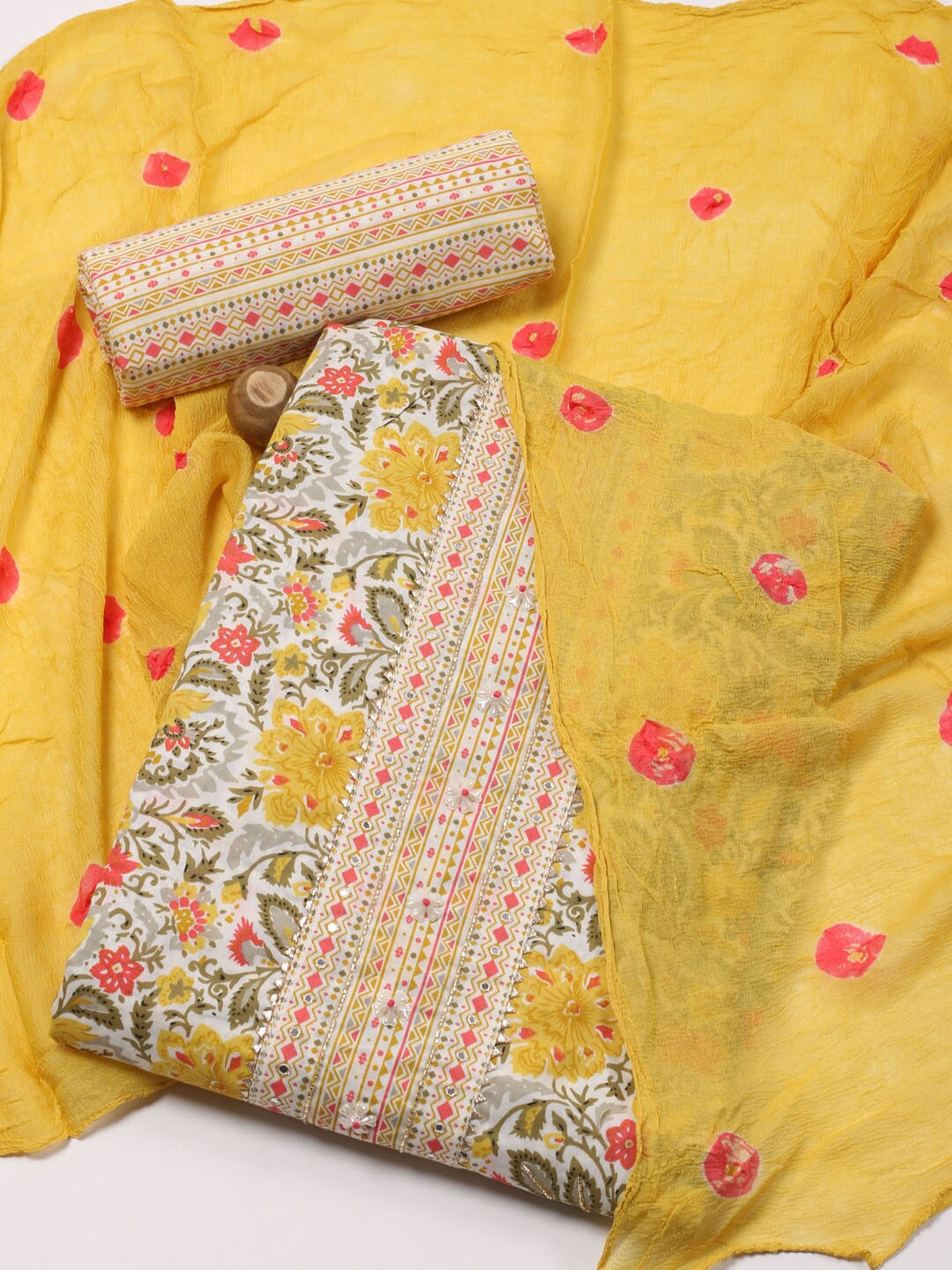 

Meena Bazaar Floral Printed Gotta Patti Unstitched Dress Material, Cream