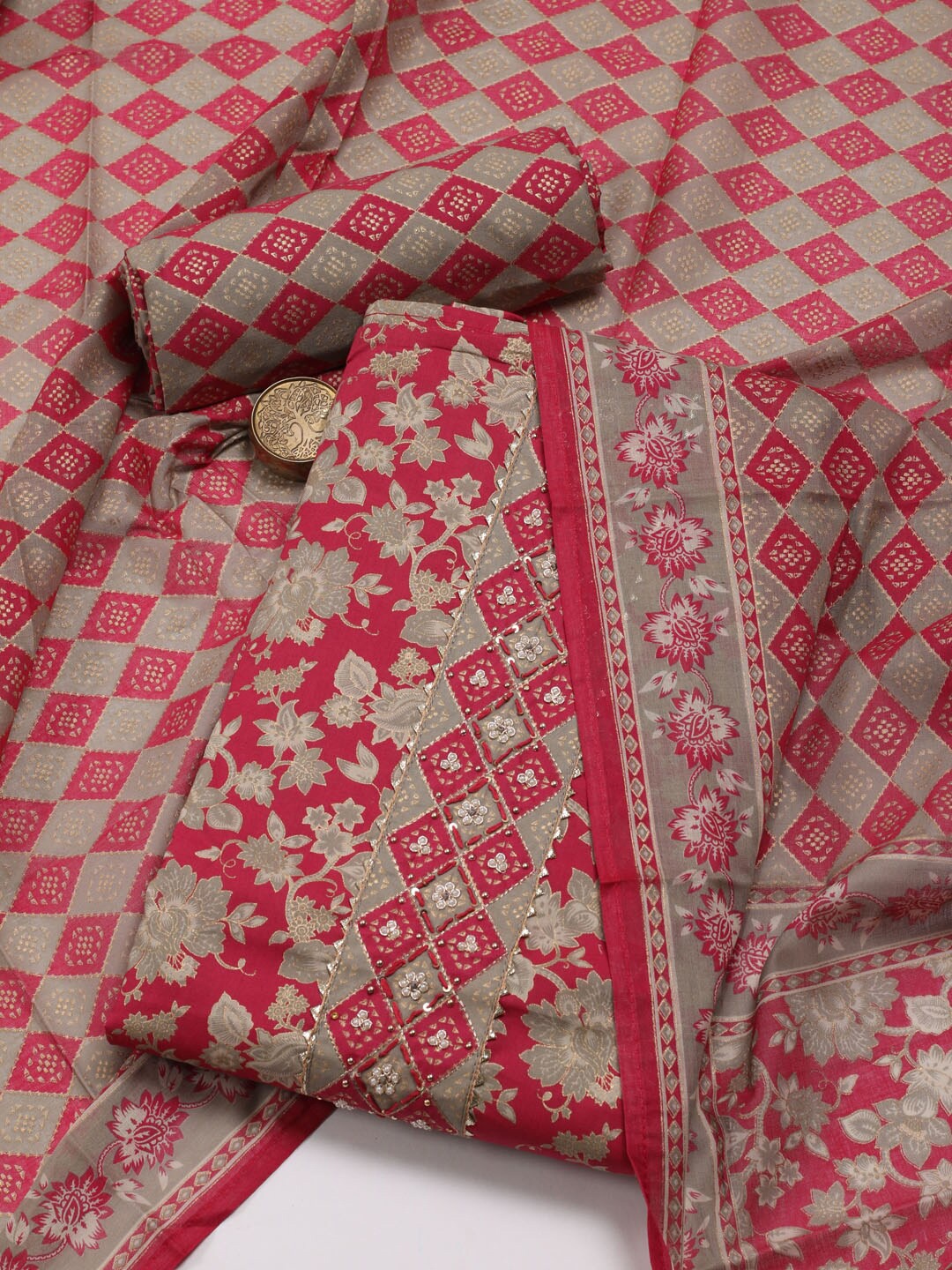

Meena Bazaar Floral Printed Gotta Patti Unstitched Dress Material, Pink