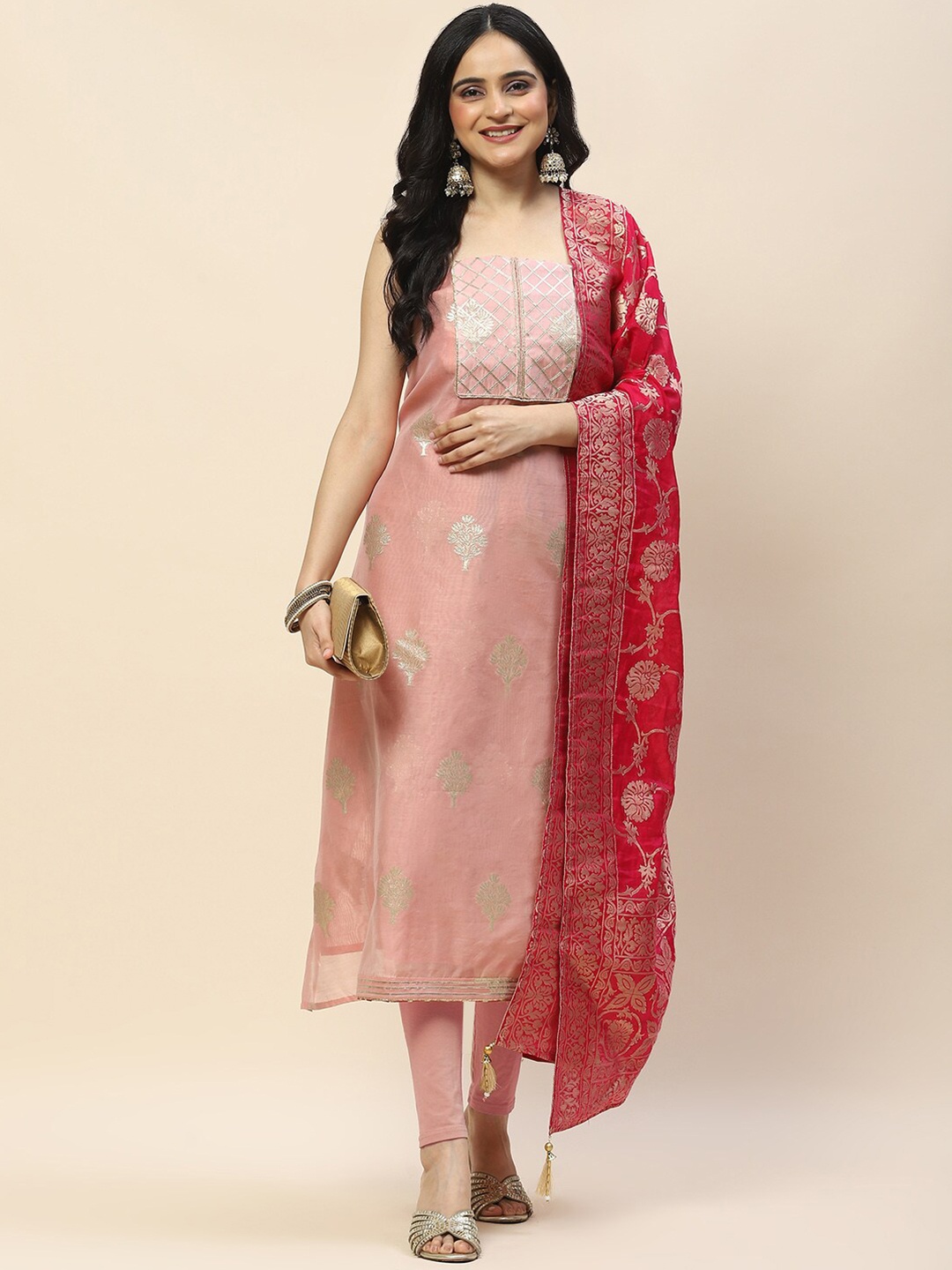 

Meena Bazaar Floral Woven Design Zari Art Silk Unstitched Dress Material, Peach