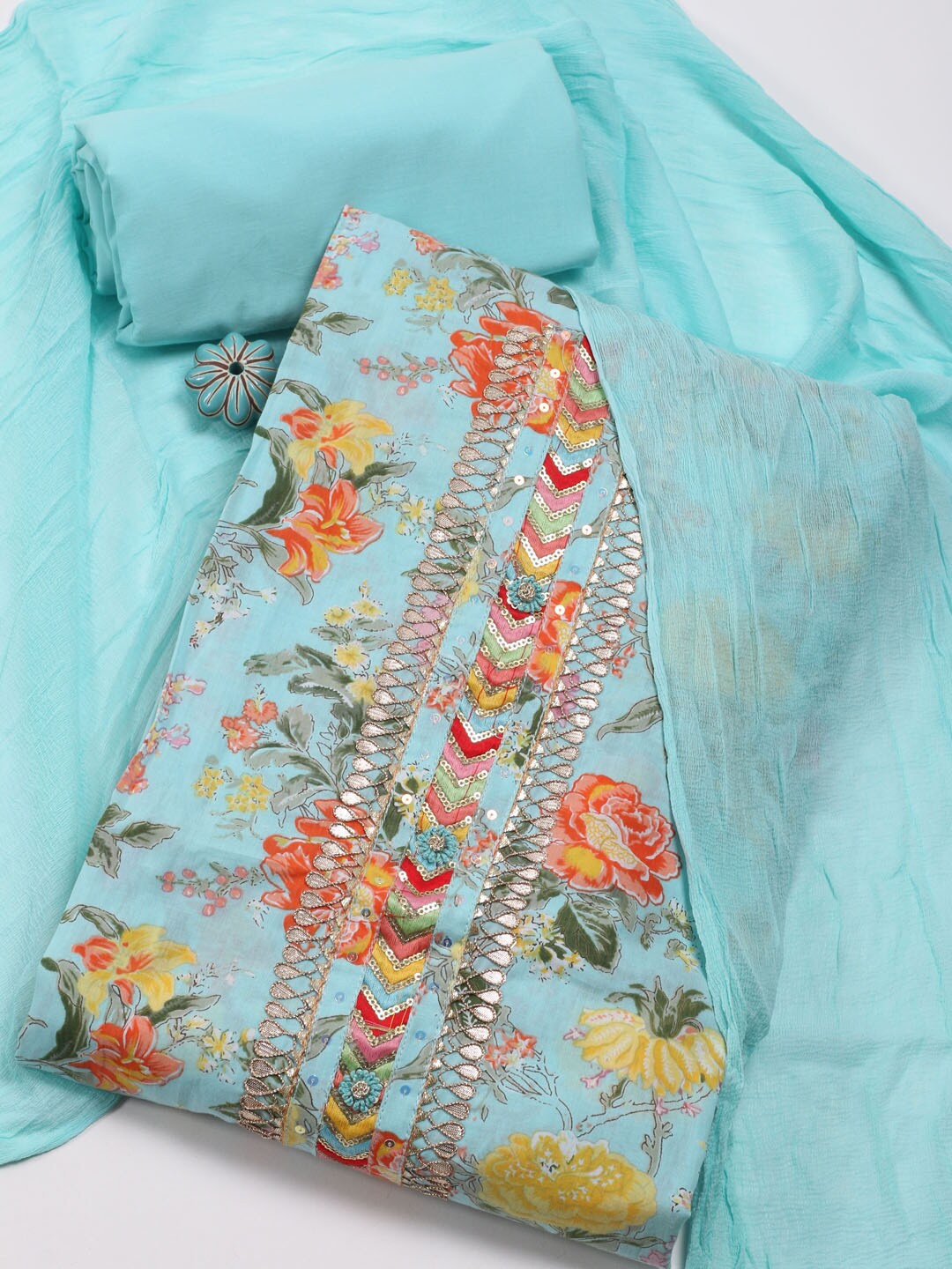 

Meena Bazaar Floral Printed Sequinned Unstitched Dress Material, Blue