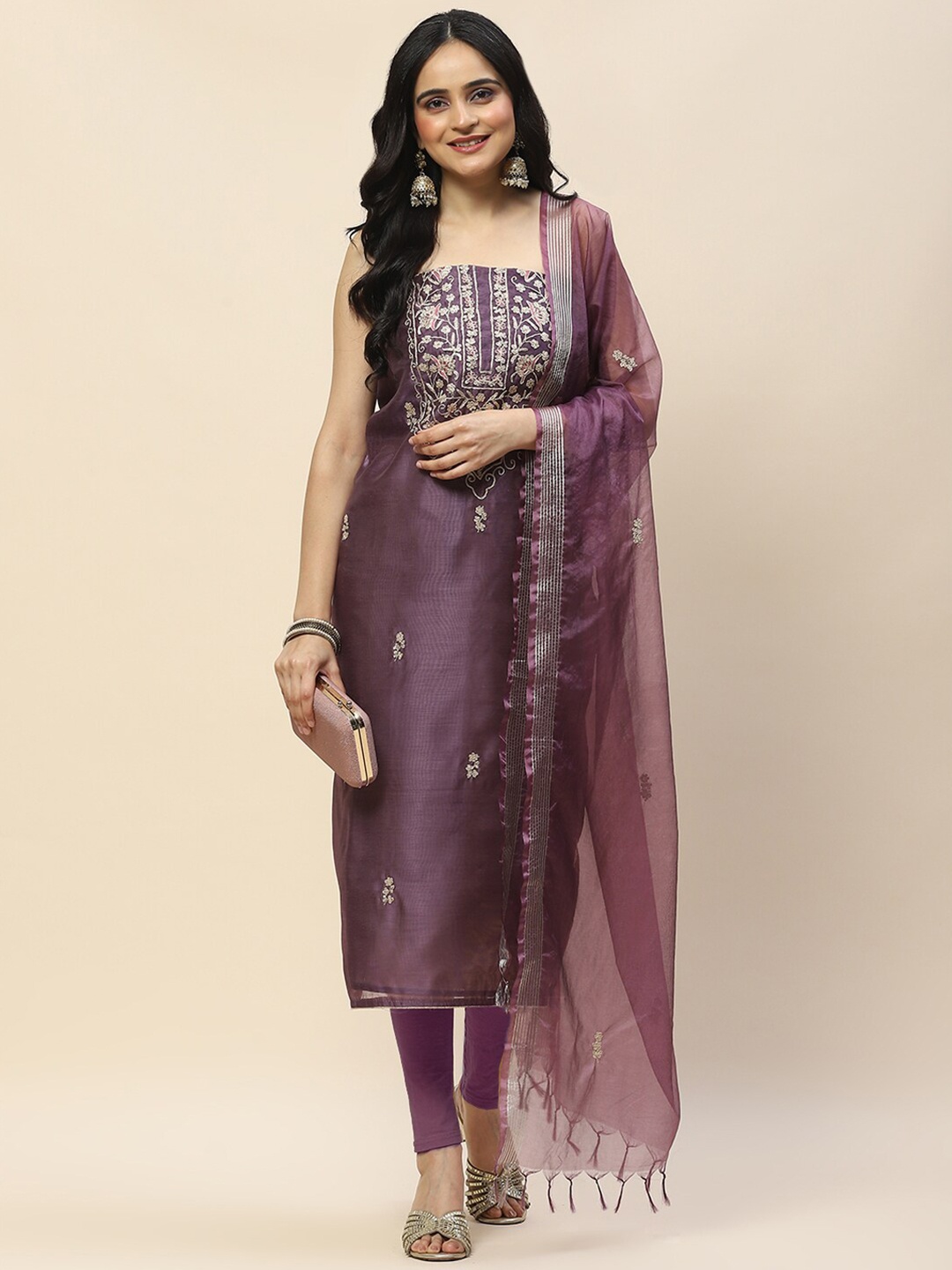 

Meena Bazaar Floral Embroidered Art Silk Unstitched Dress Material, Purple