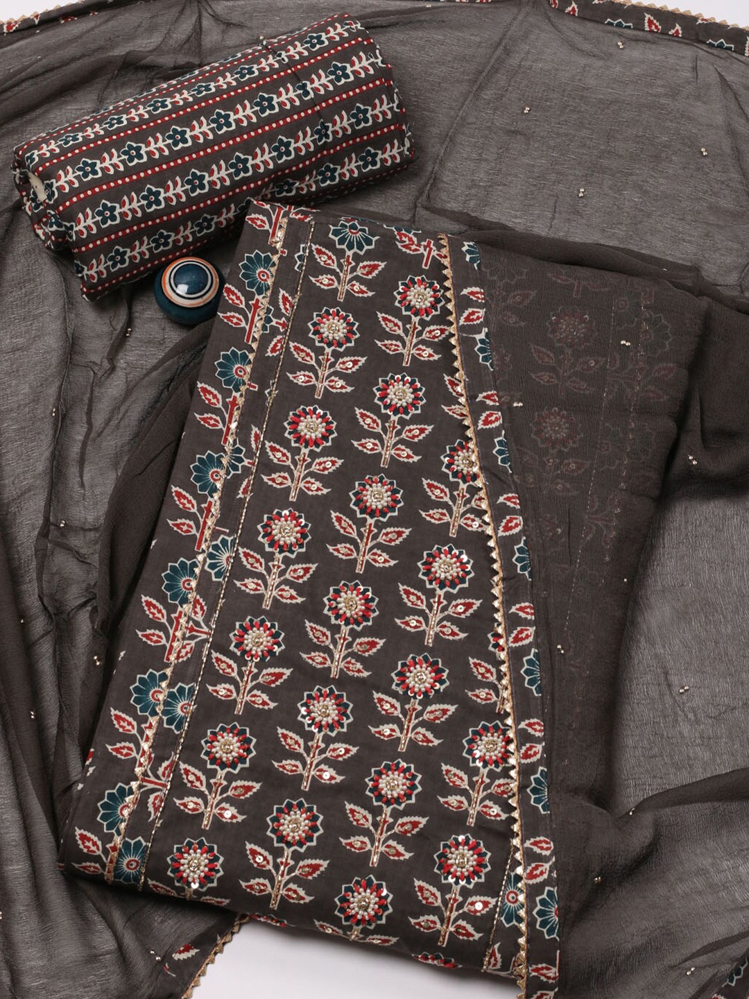 

Meena Bazaar Floral Printed Unstitched Dress Material, Brown