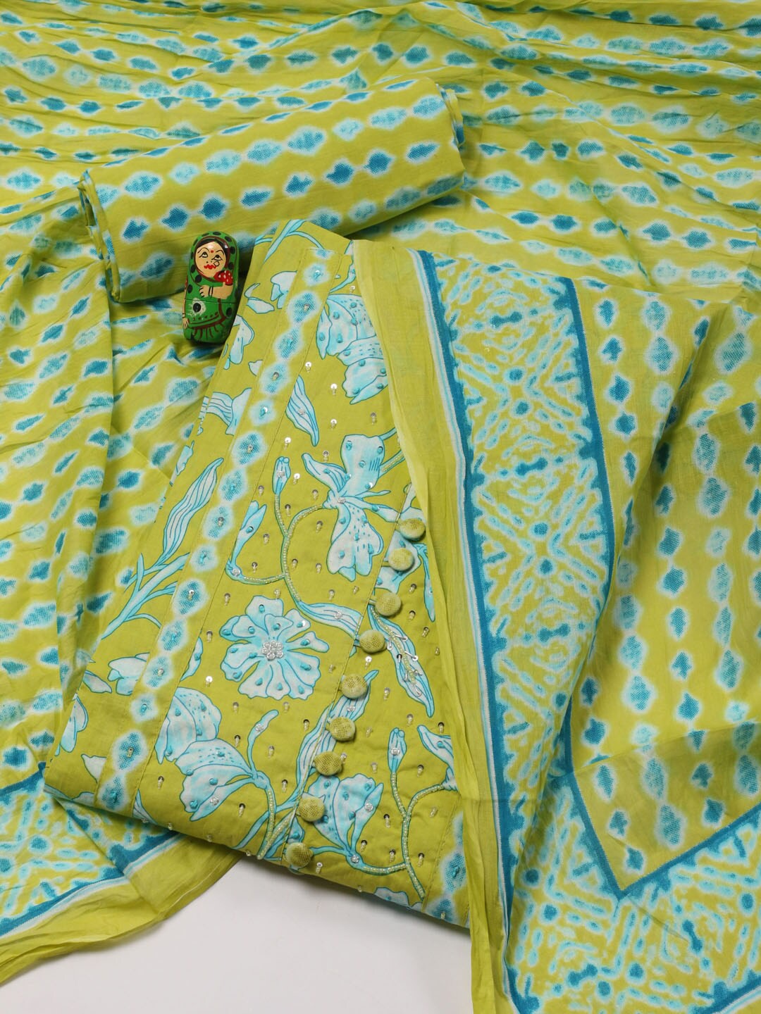 

Meena Bazaar Floral Printed Unstitched Dress Material, Lime green