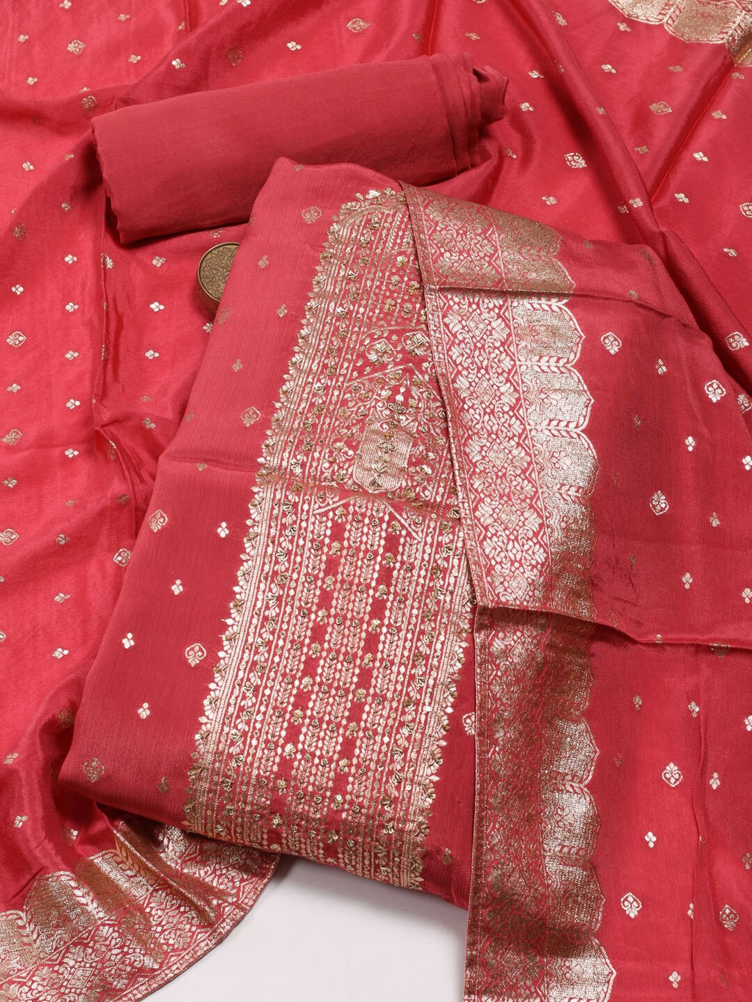 

Meena Bazaar Floral Woven Design Unstitched Dress Material, Red
