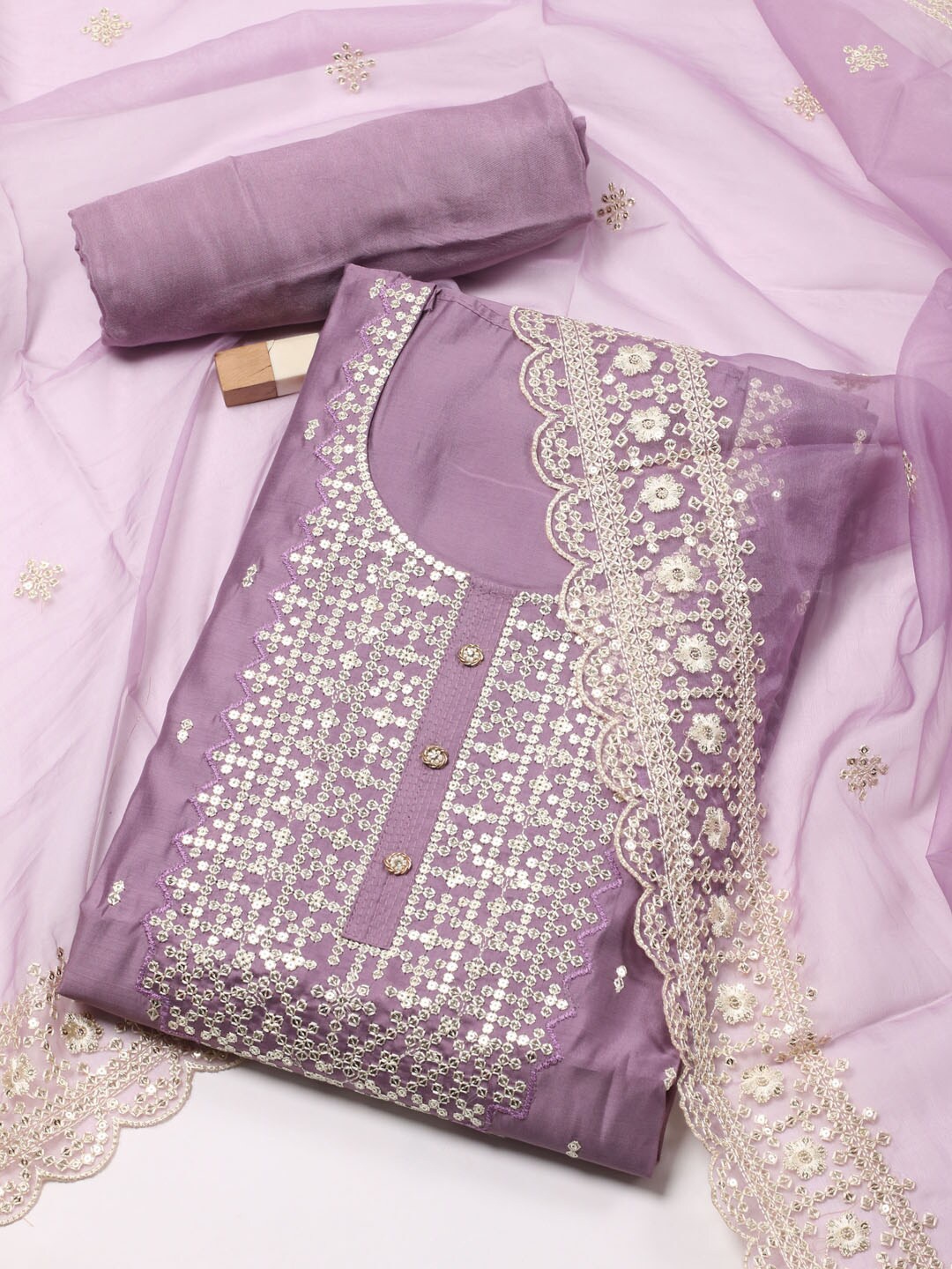 

Meena Bazaar Floral Embroidered Sequined Unstitched Dress Material, Purple