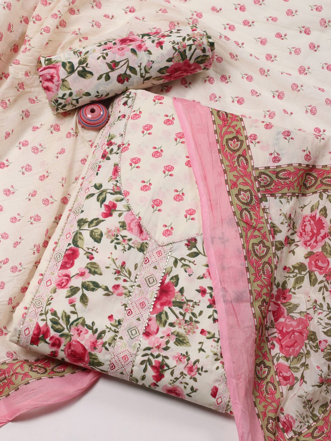 

Meena Bazaar Floral Printed Unstitched Dress Material, Pink