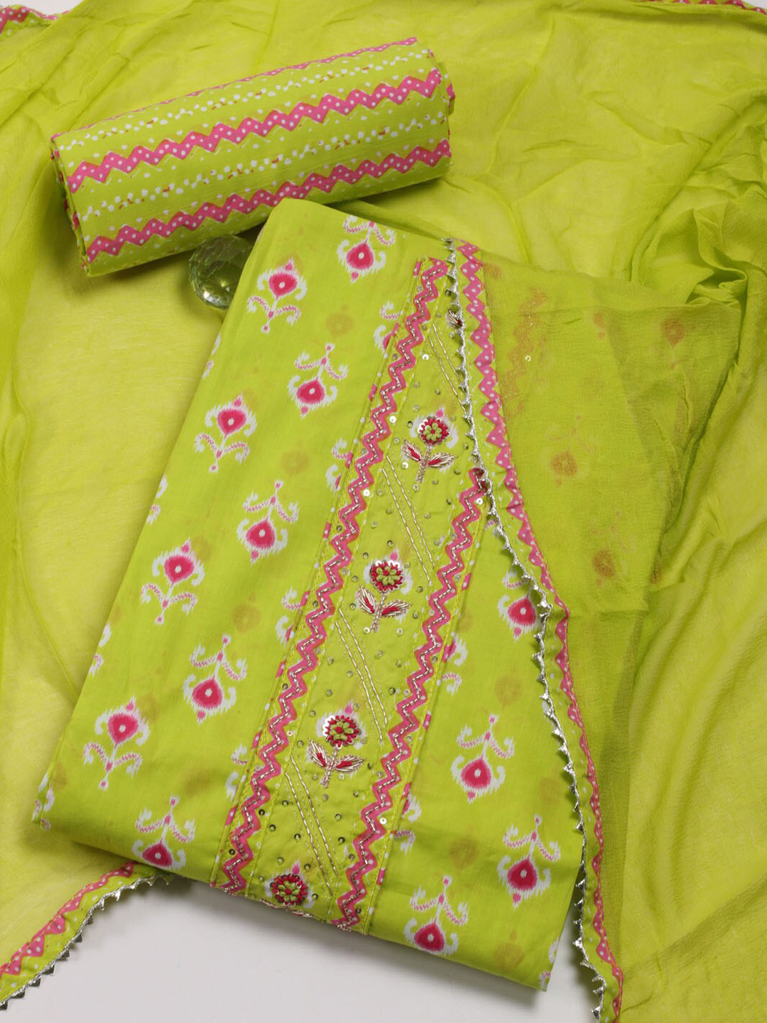

Meena Bazaar Floral Printed Beads & Stones Gotta Patti Unstitched Dress Material, Lime green