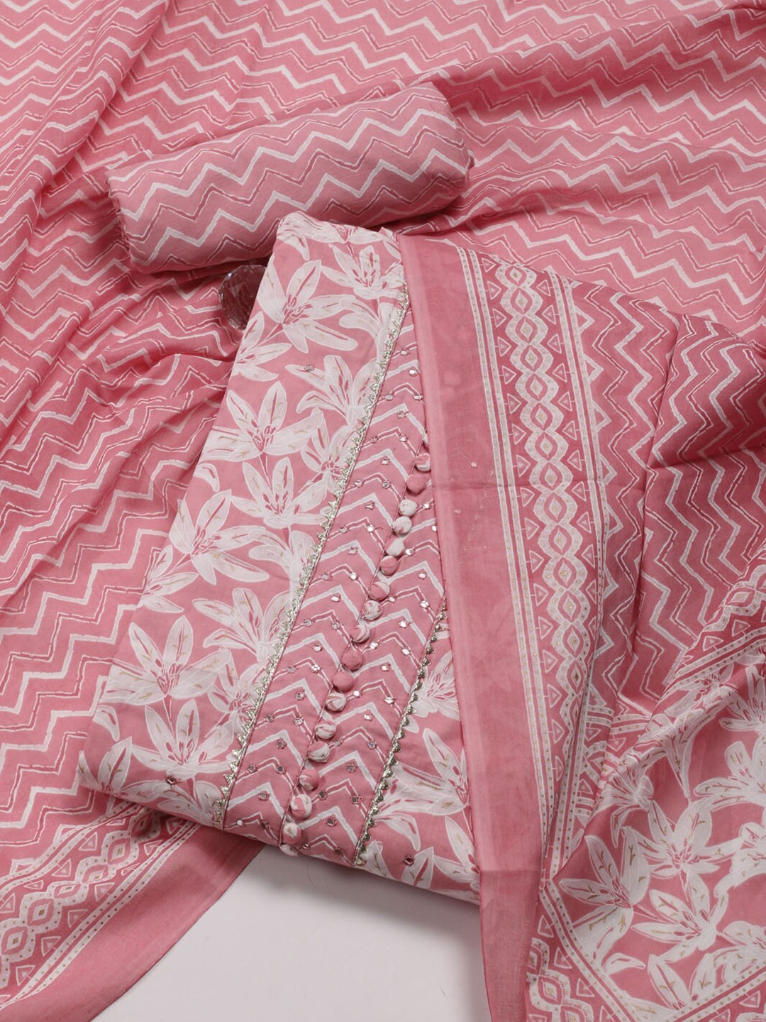 

Meena Bazaar Floral Printed Gotta Patti Unstitched Dress Material, Peach