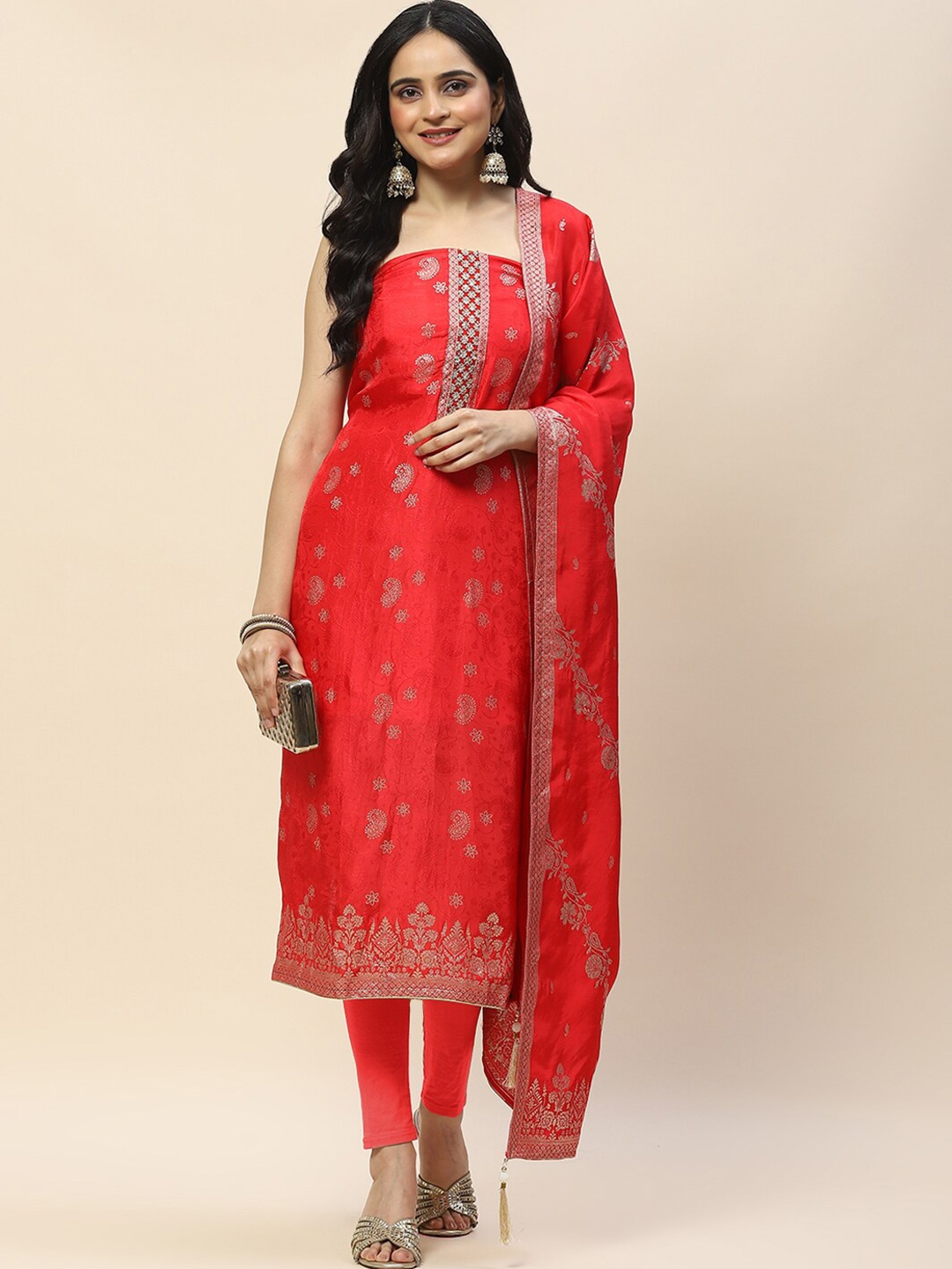 

Meena Bazaar Paisley Woven Design Unstitched Dress Material, Red