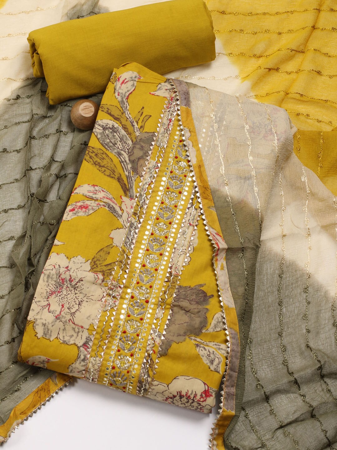 

Meena Bazaar Floral Printed Unstitched Dress Material, Mustard