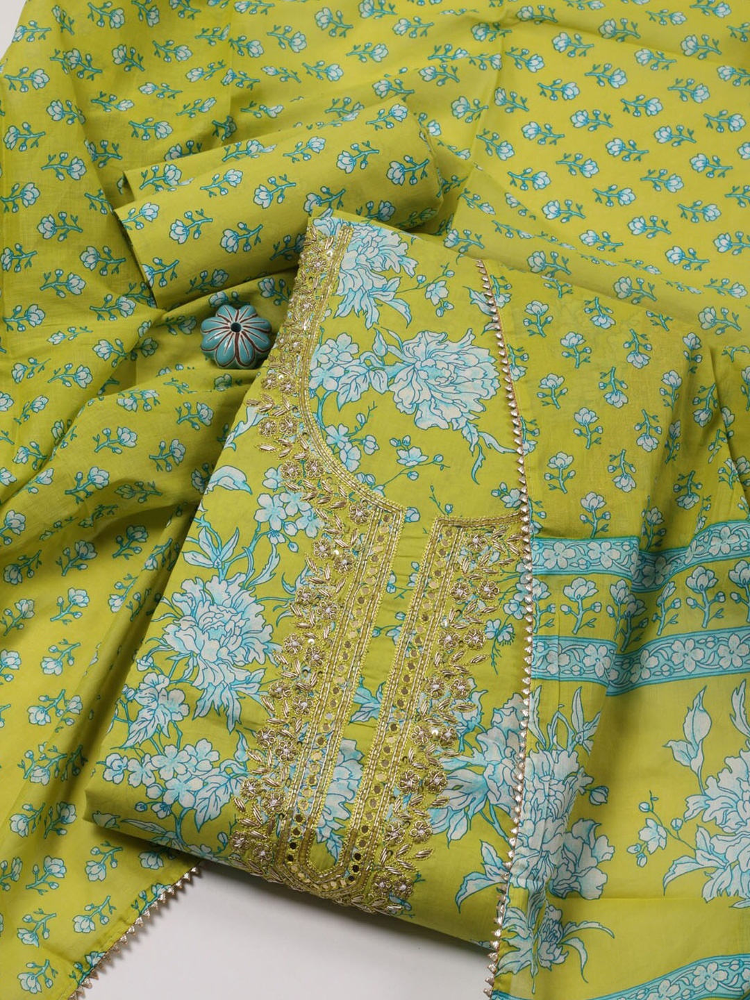 

Meena Bazaar Floral Printed Unstitched Dress Material, Lime green