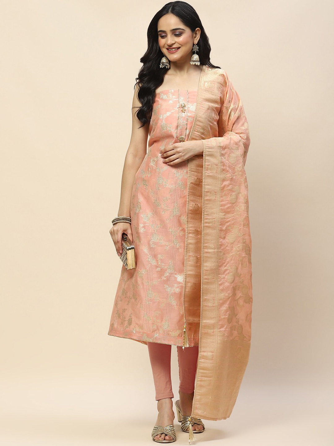 

Meena Bazaar Floral Woven Design Zari Art Silk Unstitched Dress Material, Peach