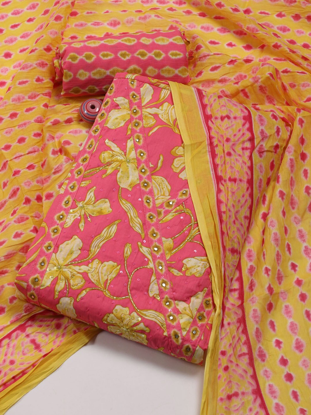

Meena Bazaar Floral Printed Sequinned Unstitched Dress Material, Pink