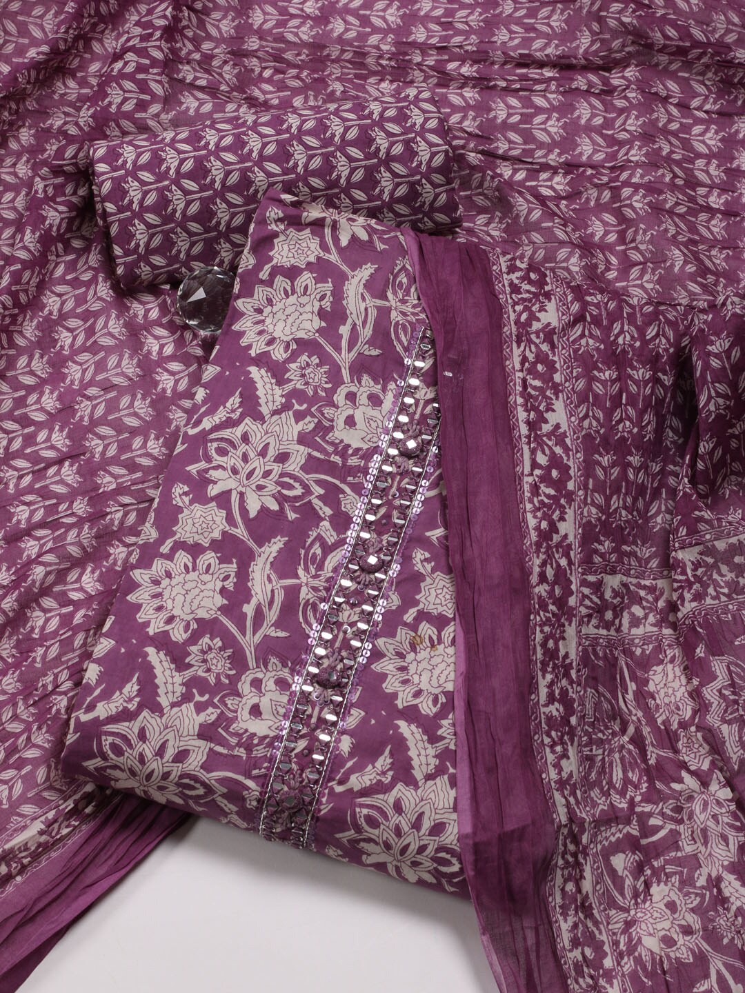 

Meena Bazaar Floral Printed Mirror Work Unstitched Dress Material, Purple