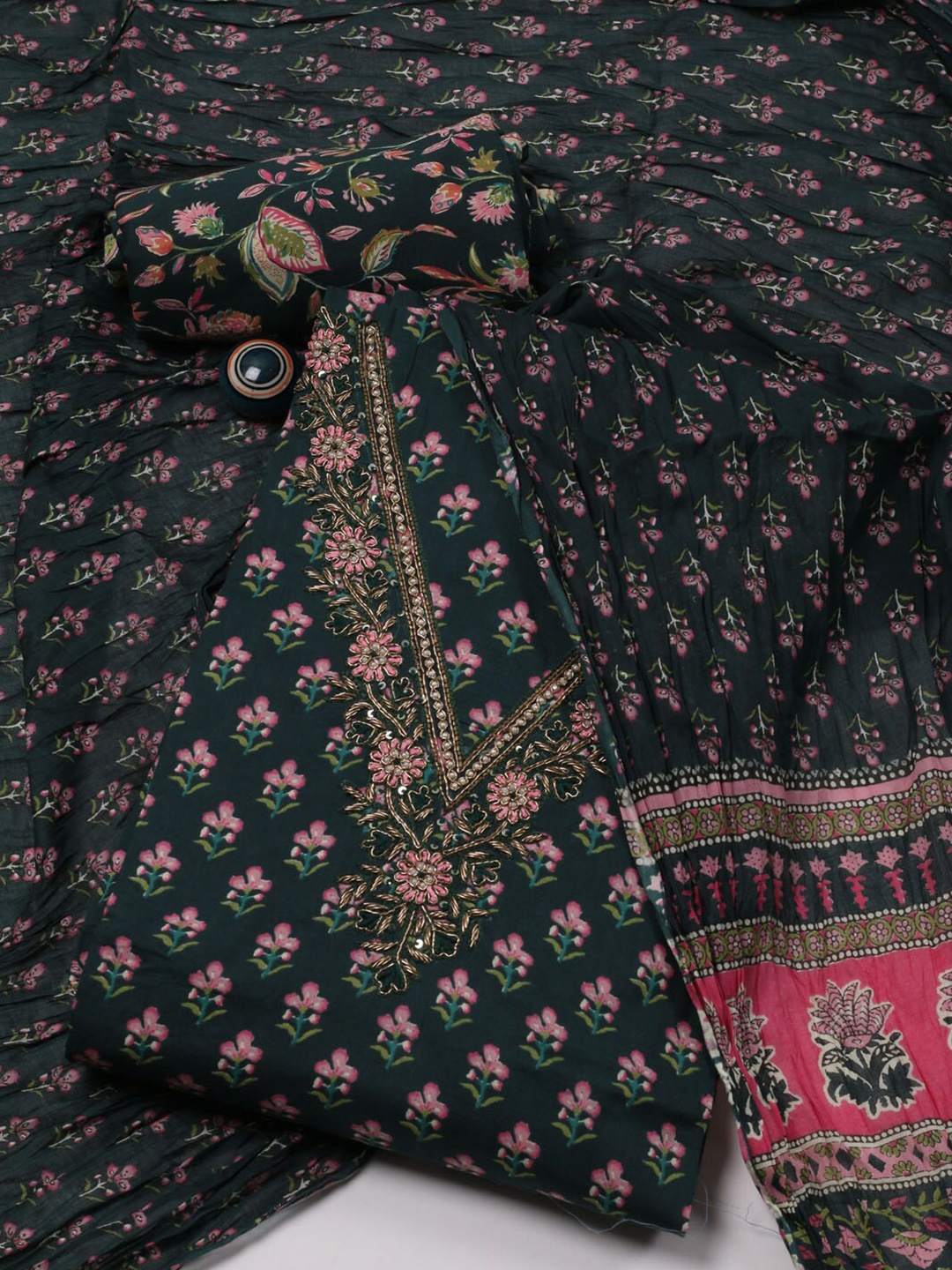 

Meena Bazaar Floral Printed Beads & Stones Unstitched Dress Material, Green