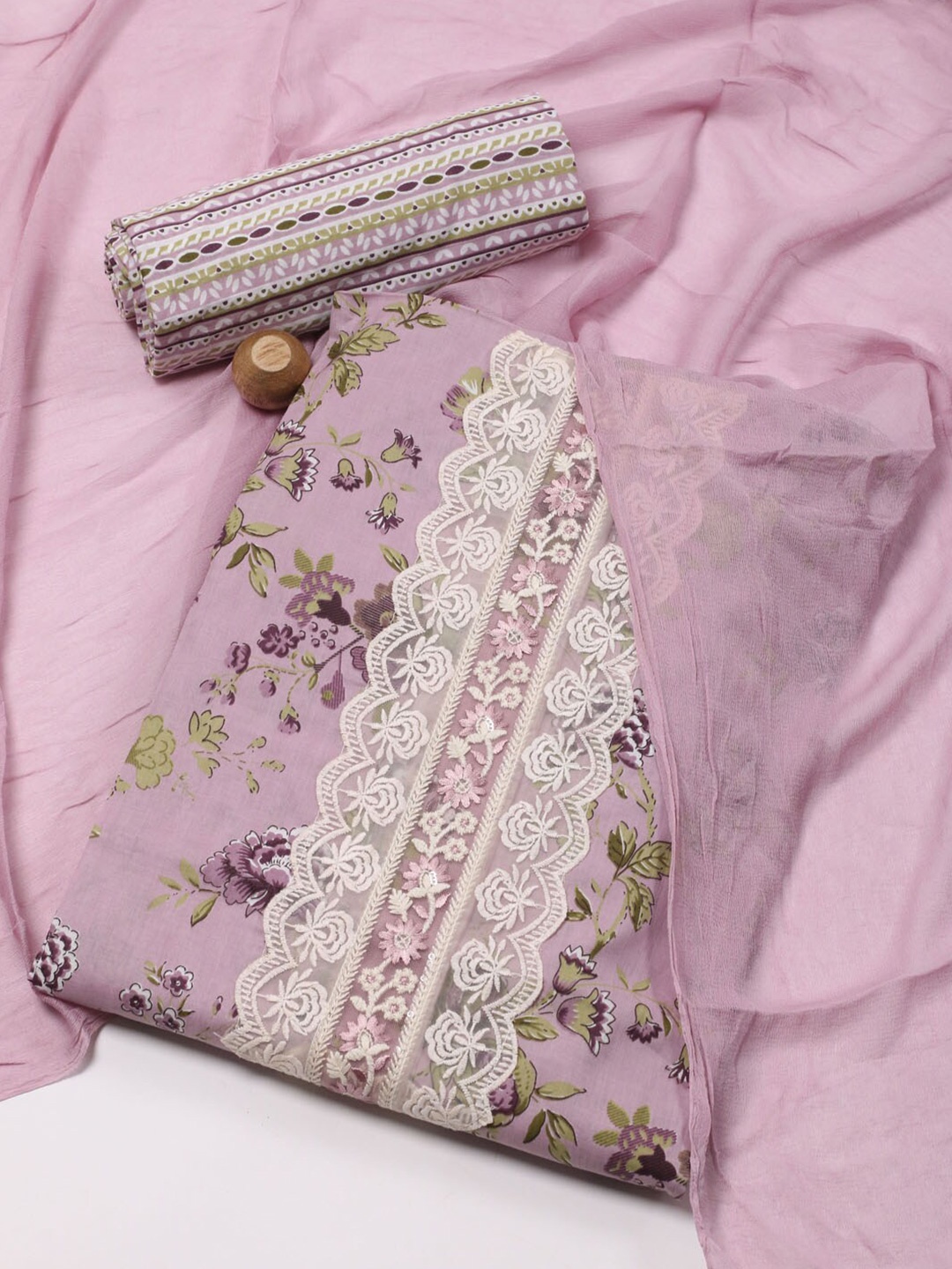 

Meena Bazaar Floral Printed Thread Work Unstitched Dress Material, Lavender