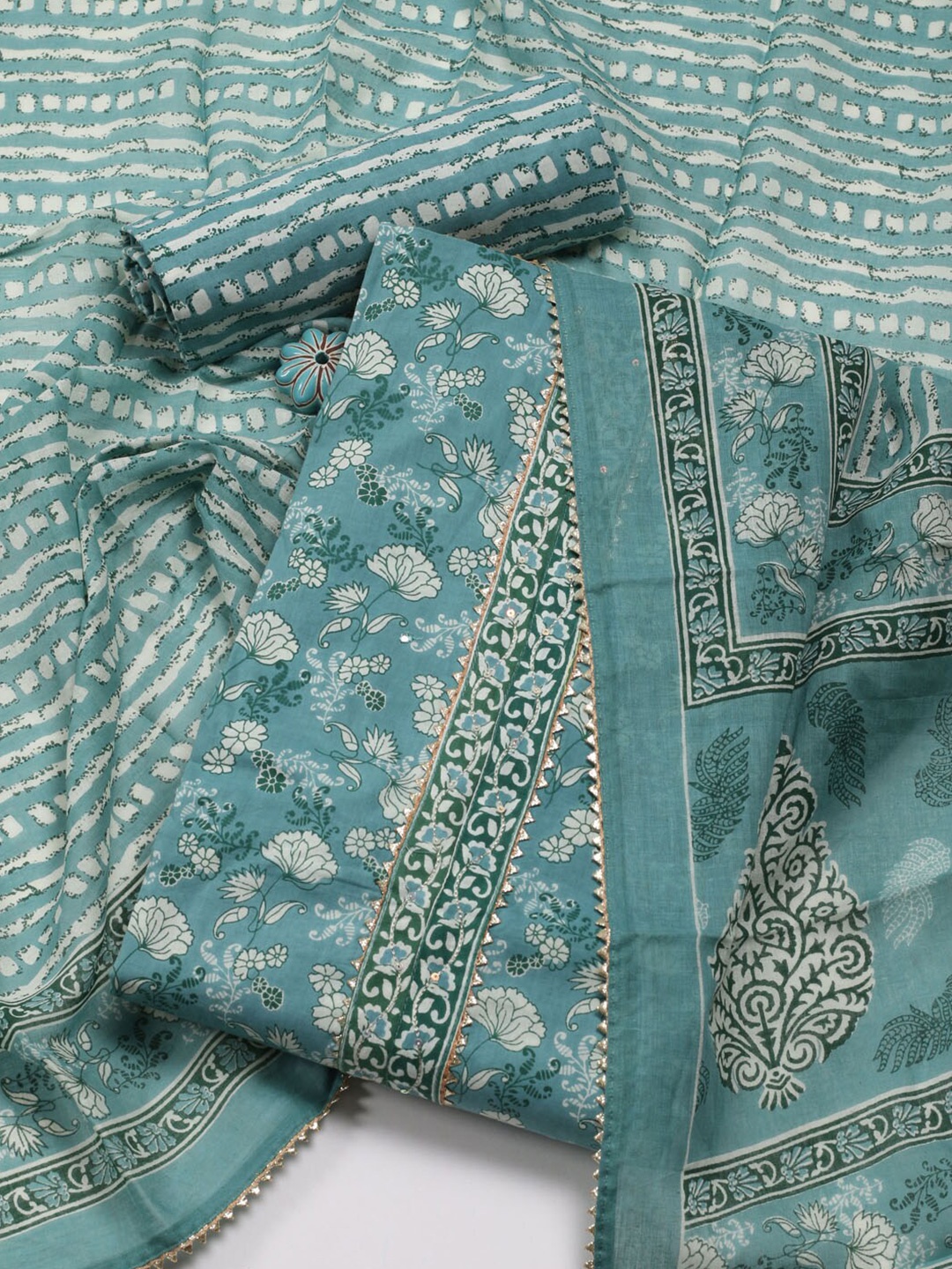 

Meena Bazaar Floral Printed Gotta Patti Unstitched Dress Material, Sea green