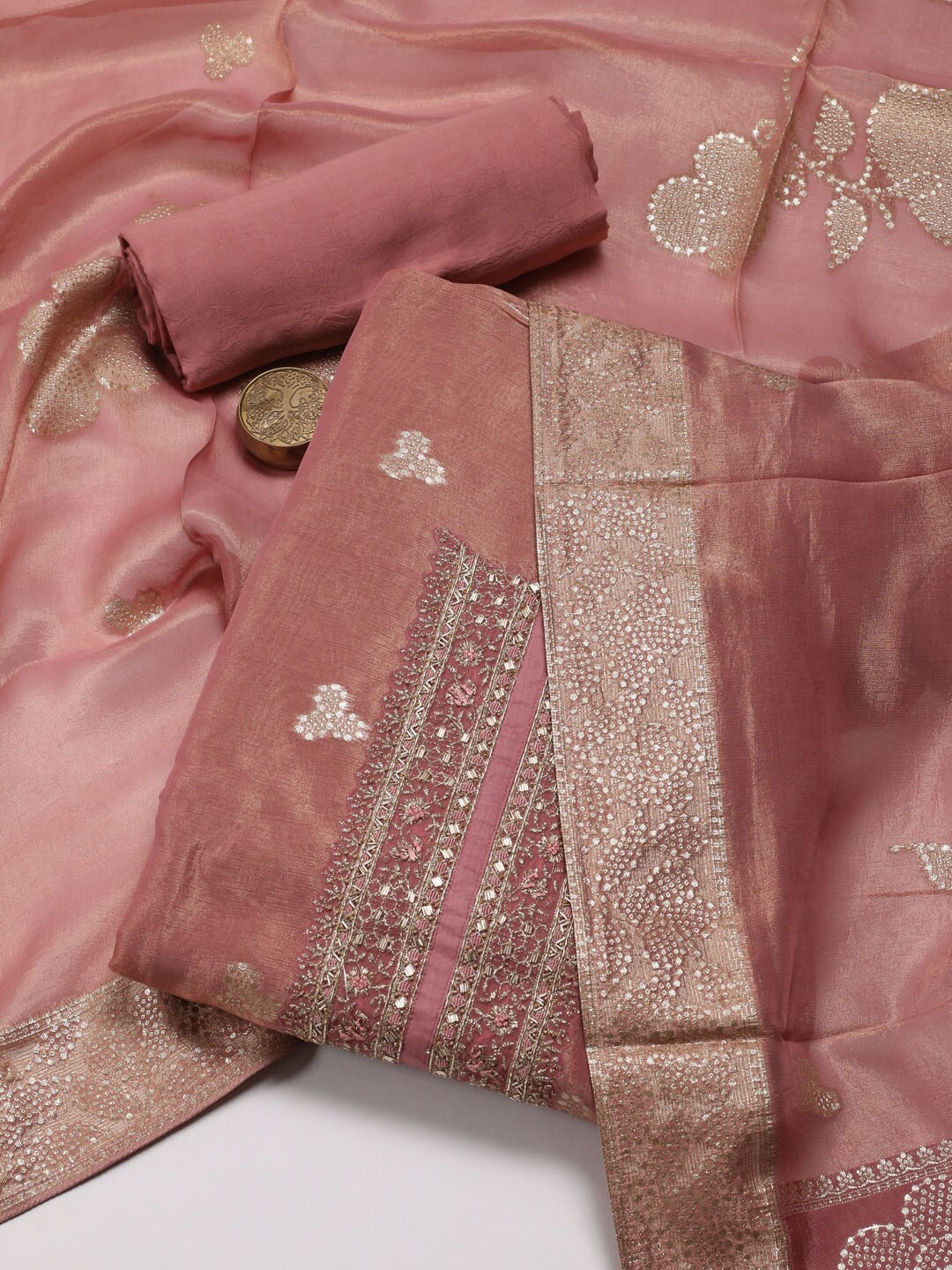 

Meena Bazaar Floral Woven Design Beads & Stones Unstitched Dress Material, Peach