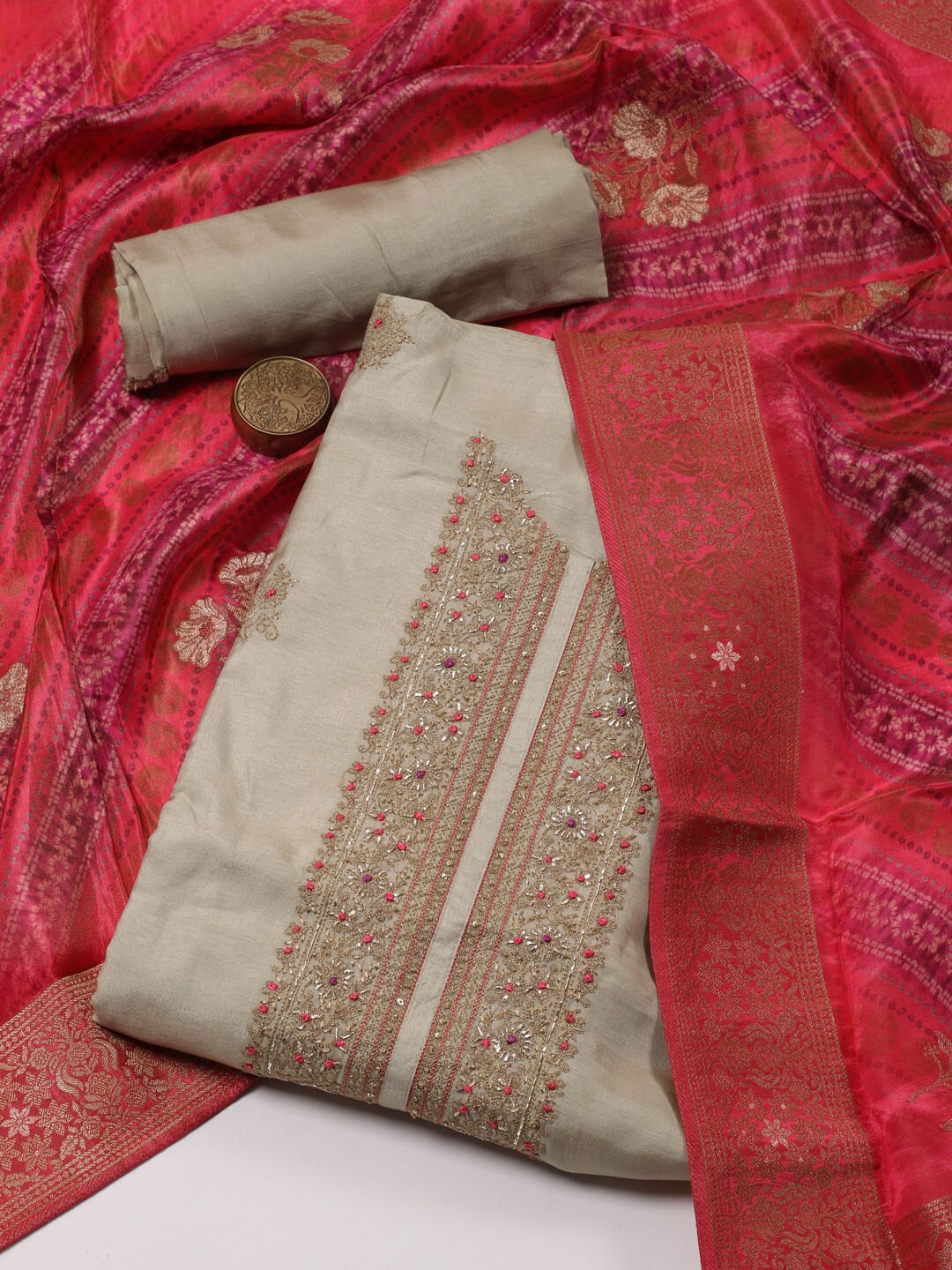 

Meena Bazaar Ethnic Motifs Embroidered Thread Work Unstitched Dress Material, Beige