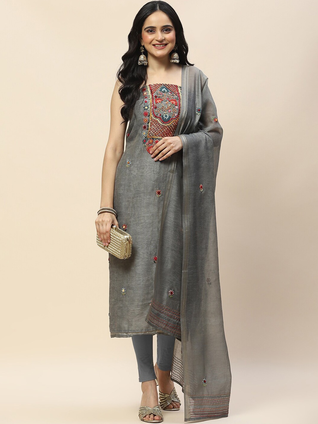 

Meena Bazaar Ethnic Motifs Embroidered Unstitched Dress Material, Grey
