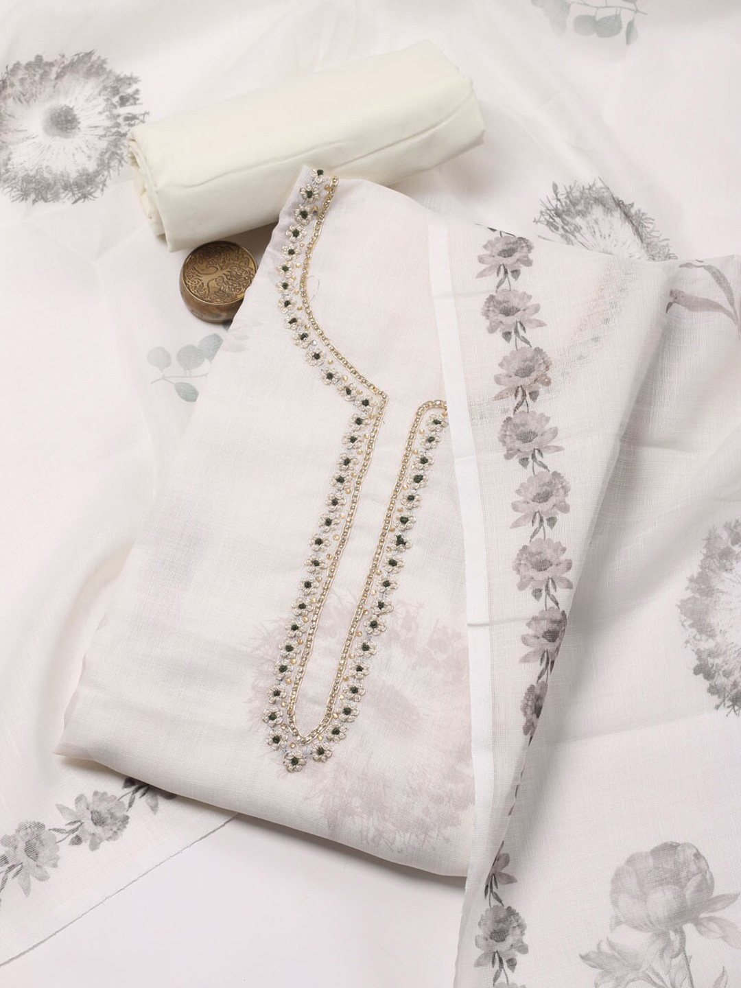 

Meena Bazaar Printed Linen Unstitched Dress Material, Cream