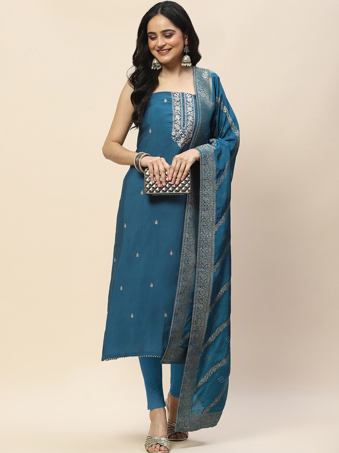 

Meena Bazaar Art Silk Unstitched Dress Material, Blue