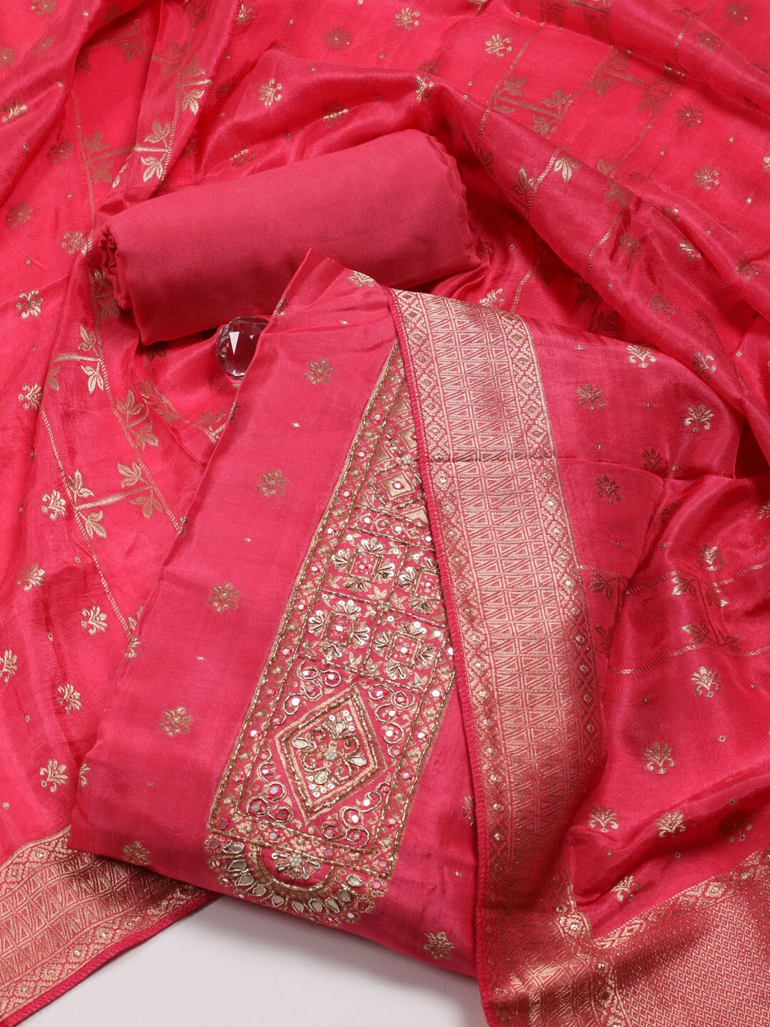 

Meena Bazaar Floral Woven Design Sequinned Unstitched Dress Material, Pink