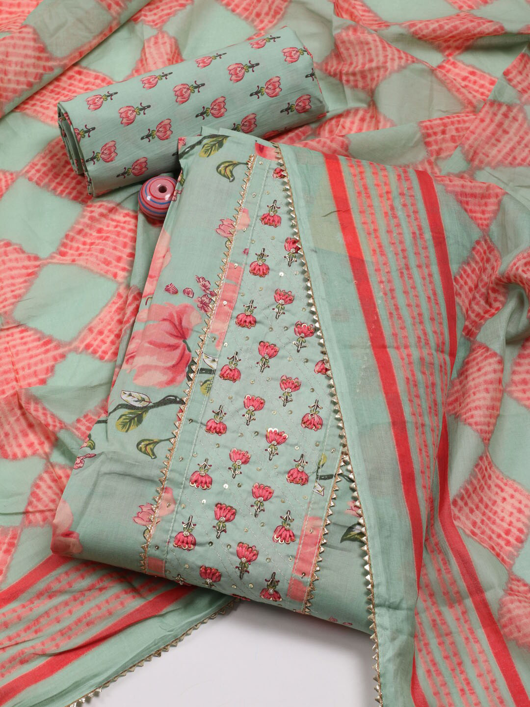 

Meena Bazaar Floral Printed Gotta Patti Unstitched Dress Material, Green