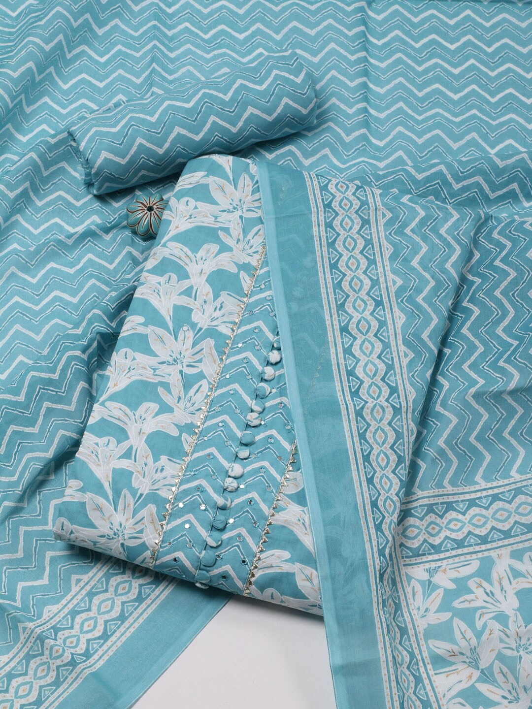 

Meena Bazaar Floral Printed Gotta Patti Unstitched Dress Material, Blue