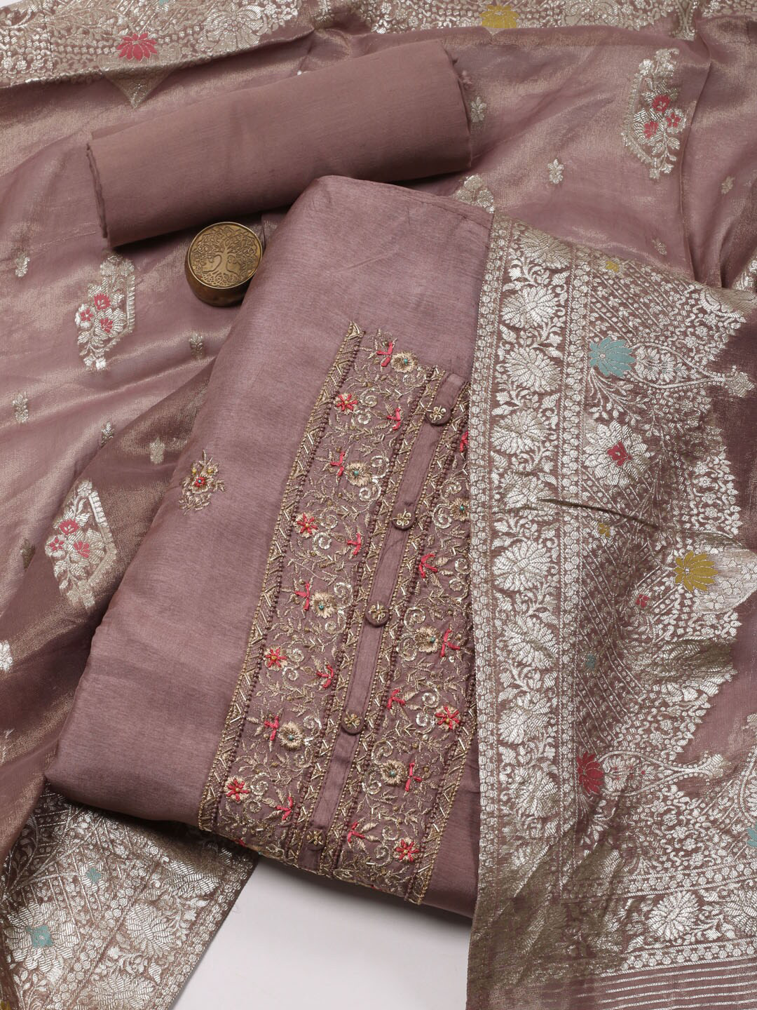 

Meena Bazaar Floral Embroidered Unstitched Dress Material, Brown